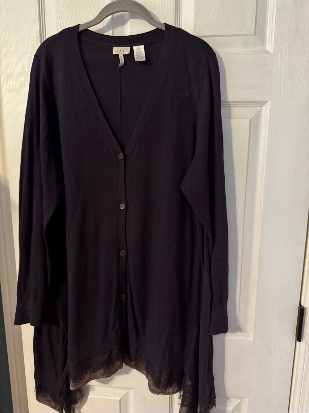 LOGO by Lori Goldstein Dark Plum Long V-Neck Button Cardigan with Lace Hem